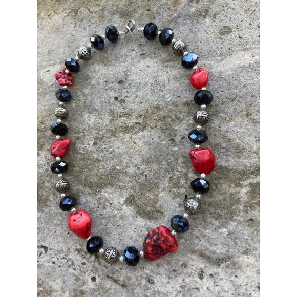 SALE Handmade Black Red Necklace - Howlite & Faceted Beads Statement Necklace - Picture 2 of 6